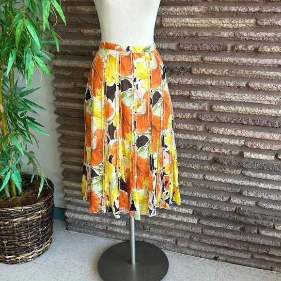 Coldwater Creek Colorful Orange Floral Pleated Flare Skirt Size Large Petite - Picture 1 of 7